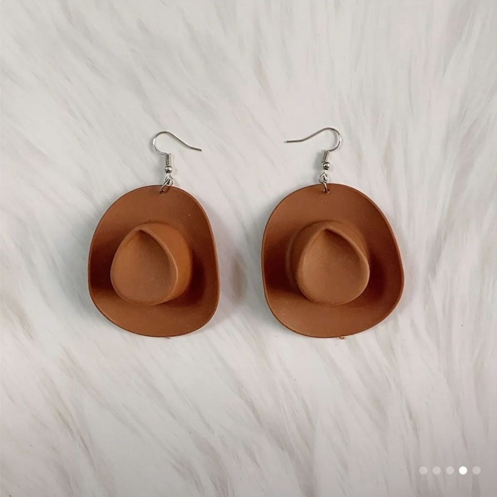 Women's Earrings Cowboy Hat Pink Brown White - Picture 5 of 5